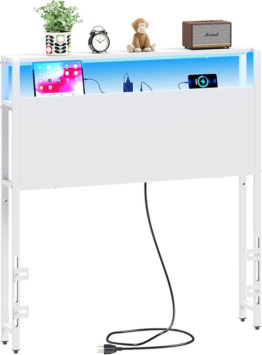 Twin Sized Headboard with 2 Tiers Storage Shelves, Sturdy and Stable Headboard with Charging Station, USB Ports and LED Light for Twin Bed Frames,White