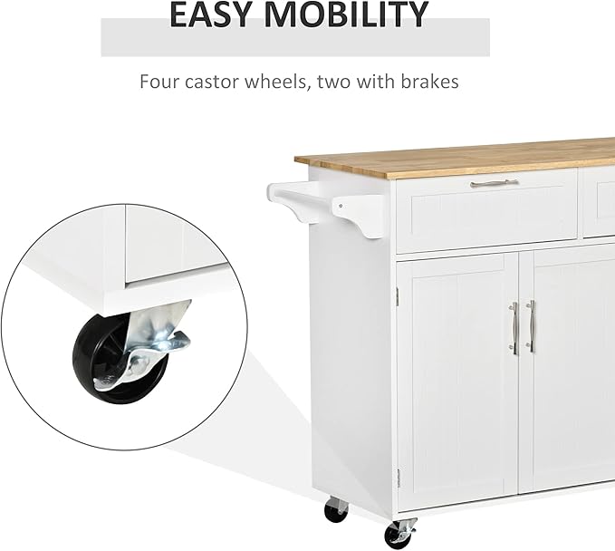 HOMCOM Mobile Kitchen Island with Storage, Kitchen Cart with Wood Top, Storage Drawers, 3-Door Cabinets, Adjustable Shelves and Towel Rack, White