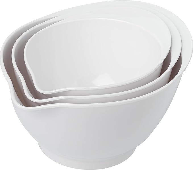 LEHAHA Melamine Mixing Bowls with Pour Spout, set of 3, Non-Slip Nesting Design, Nesting Salad Serving Bowl with large handle for Prepping, Baking, Cooking, Kitchen Cooking and Baking Supplies, White