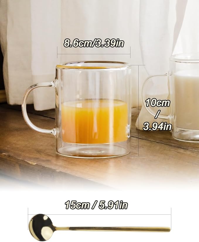 LIBWYS 12oz Double Wall Coffee Mugs (4-Pack) - Insulated Borosilicate Glass Cups with Handle for Espresso, Cappuccino, Latte - Heat Resistant, Dishwasher Safe Hot/Cold Beverage Glasses 350ml