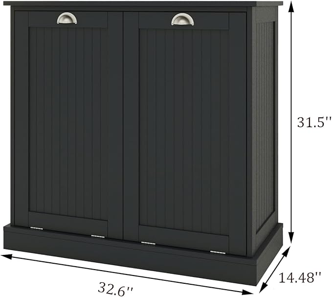 Tilt Out Laundry Hamper Cabinet with Removable Basket, Double Hidden Laundry Hamper Cabinet, Wood Bathroom Storage Cabinet, Free Standing Home Organizer, (Black)