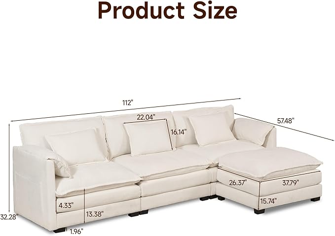 Real Relax 112'' L Shaped Convertible Sectional Sofa Couch, Chenille Modular Sofa with Removable Pillows and Double Layer Cushions, Beige
