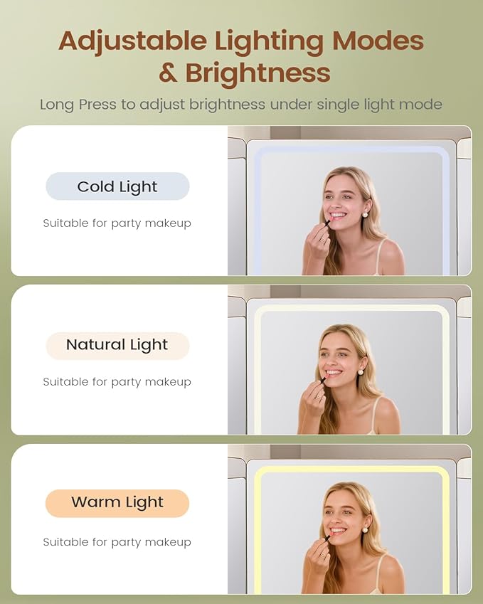 AOGLLATI Large Fluted Corner Vanity Desk with HD Triple Mirror and Lights, Makeup Vanity Desk with 3 Drawers & 3 Cabinets, Modern Dressing Table with Charging Station for Bedroom, Wood