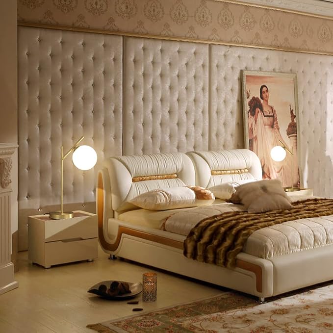 Mid Century Modern Table Lamp, 1 Light Brass Glass Globe Bedside Lamp, Contemporary Metal Table Lamp with Milky White Glass shadefor Bedroom Living Room Study Room