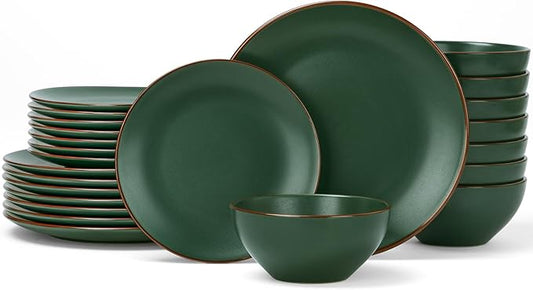 Famiware Venus Ceramic Plates and Bowls Sets, Speckled Dinnerware Dish Sets for 8 (24 Pieces) - Microwave and Dishwasher Safe, Matte Dark Green