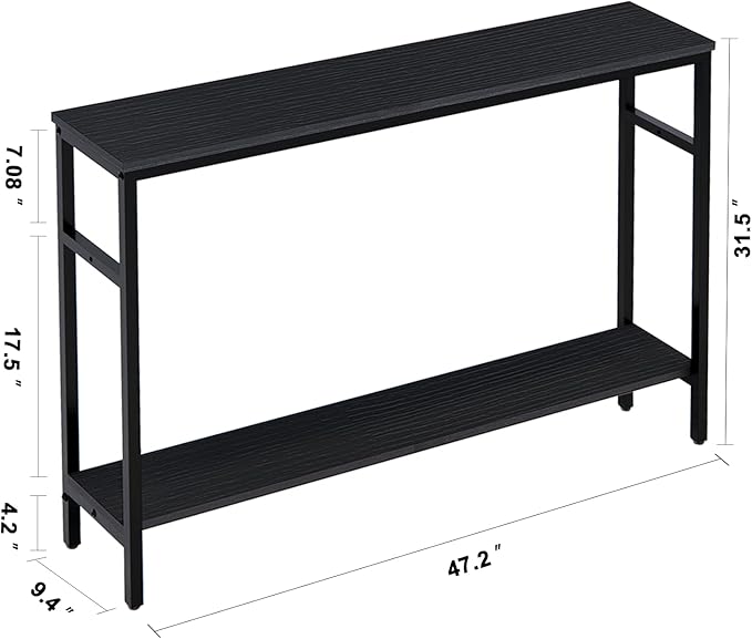 Narrow Console Table, 47 Inch Sofa Table with Adjustable Shelf, 2-Tier Long Skinny Table for Hallway, Entryway, Living Room, Foyer, Black