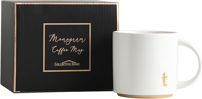 COLLECTIVE HOME - Monogram Ceramic Mugs, 15 oz Golden Initial Coffee Cups, Elegant Alphabet Tea Mugs, Elegant Personalized Mug with Gift Box, Luxurious Cups for Office and Home (t)
