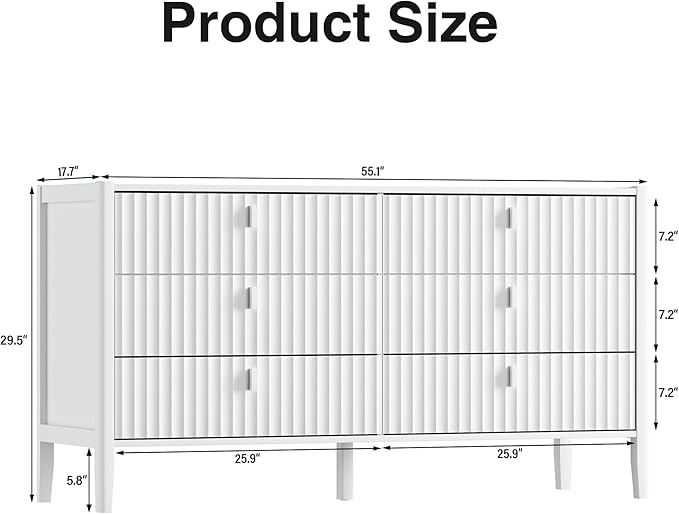 White 6 Drawer Dresser, 55" Wide White Modern Dresser with Fluted Front & Metal Handles for Bedroom or Living Room TV Stand