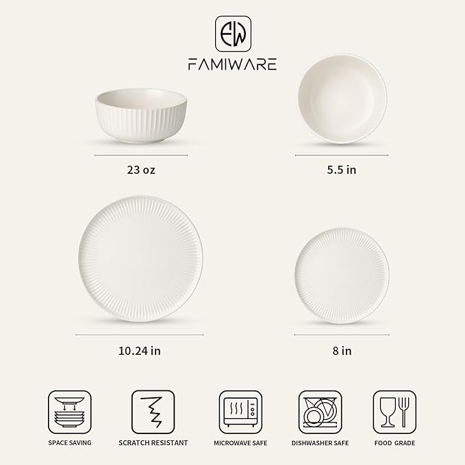 Famiware Starlight Dinnerware Sets, Plates and Bowls Dish Set of 6 (18 Pieces), Ribbed Textured Tableware - Dishwasher & Microwave Safe, Chip Resistant, Reactive Glaze, Matte Reactive White