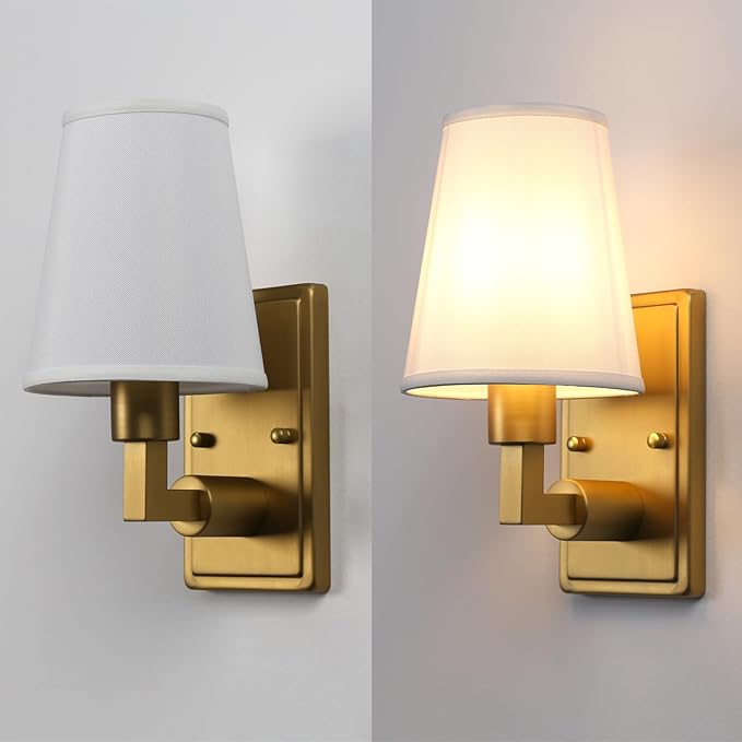 Wall Sconce 1-Light Fixture Antique Finish with White Fabric Shade, E26 Hardwired Indoor Wall Light for Vanity Bathroom Living Room Bedside Nightstand Light