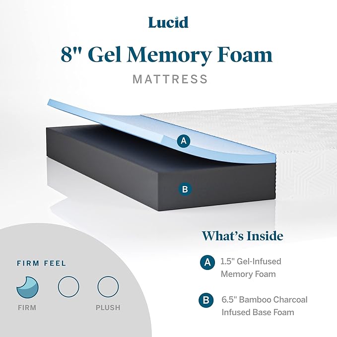 Lucid 8 Inch Twin XL Mattress - Firm Gel Memory Foam – Bamboo Charcoal Foam –Gel Infused- Hypoallergenic Mattress