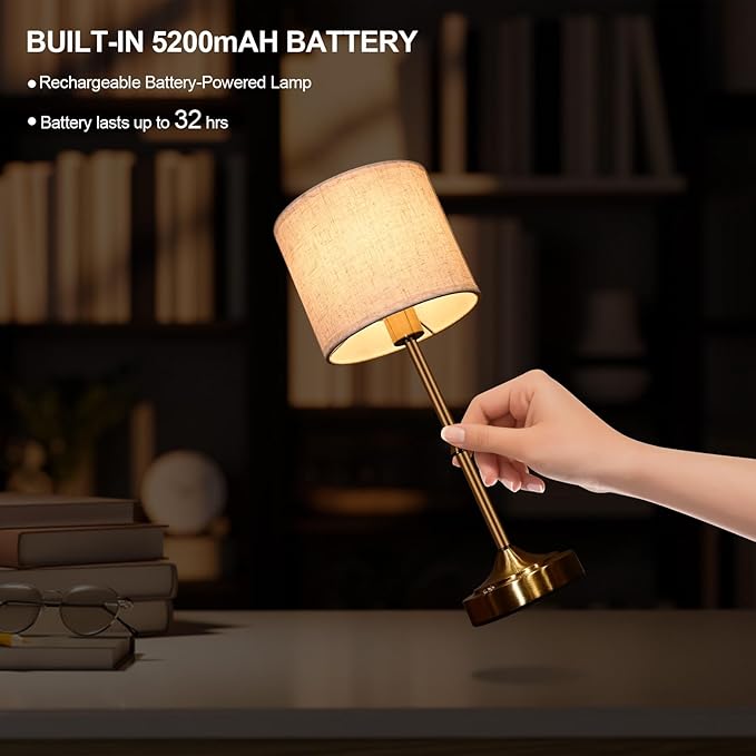 Cordless Table Lamp,5200mAh Rechargeable Battery Powered Table Lamps,3-Level Brightness Dimmable, Mid Century Lamp ,Bedside Night Lamp, Vintage Metal Lamp for Kitchen/Dinner/Patio/Restauran(Gold)