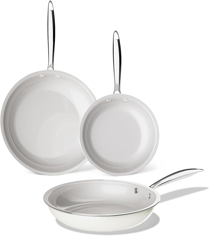 KITEXPERT Non Stick Frying Pans Set, Titanium Ceramic Pan Skillet Set Non Toxic, 8" 9.5" 11" Nonstick Frying Pan, Stainless Steel Handle, Dishwasher & Oven Safe, PFAS & PTFE & PFOA Free, Cream