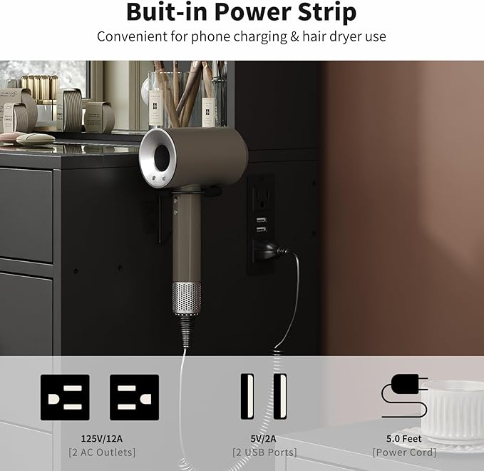 9 Drawers Vanity Desk & Power Outlet, Makeup Vanity with Mirror and 10 LED Lights, 3 Lighting Modes Brightness Adjustable, Makeup Table with 4 Shelves and Fold-up Panel, Vanity Set for Bedroom, Black