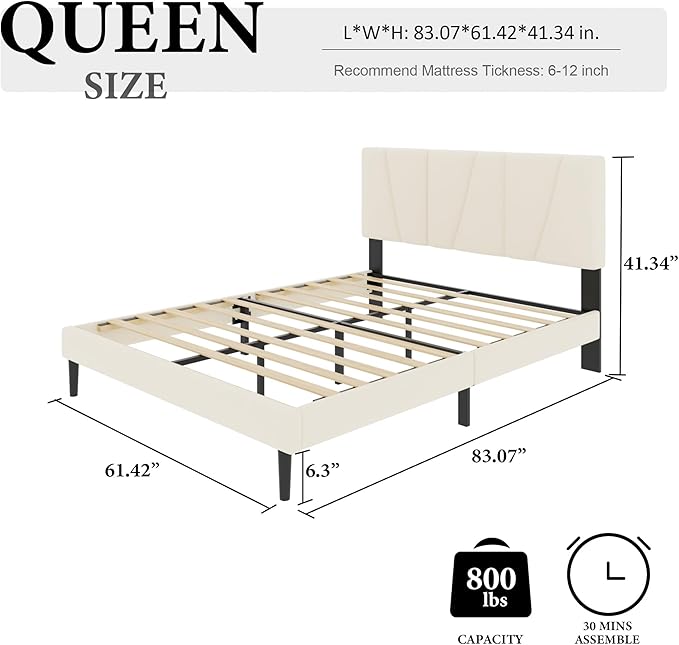 Queen Size Bed Frame with Fabric Upholstered Headboard, Platform Bed with Wooden Slats Support, Fully Mattress Foundation, Box Spring Optional, Easy Assembly