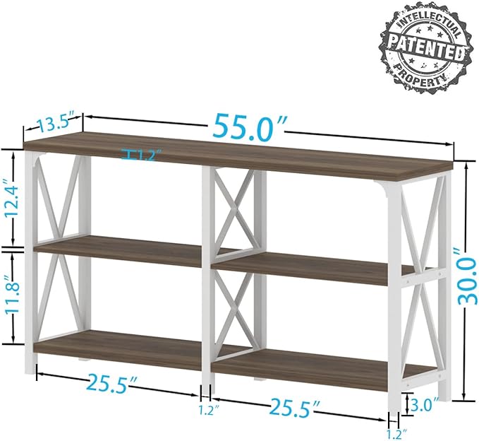 IBF Farmhouse Entryway Table, Wood TV Console Table, Long Rustic Metal Sofa Table, Industrial Hallway Table with Storage Shelves, Modern Foyer Tables for Front Entry Way, White and Rustic Oak, 55 in