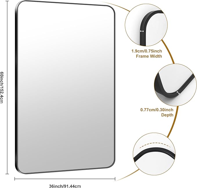 KOCUUY Black Bathroom Mirror 60"x36", Large Vanity Mirror with Rounded Corner, Metal Black Frame with Mordern Design for Bathroom, Living Room, Entryway, Hang Horizontal/Vertical