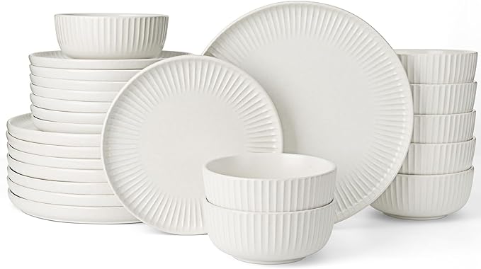 Famiware Starlight Dinnerware Sets, Plates and Bowls Dish Set of 8 (24 Pieces), Ribbed Textured Tableware - Dishwasher & Microwave Safe, Chip Resistant, Reactive Glaze, Matte Reactive White