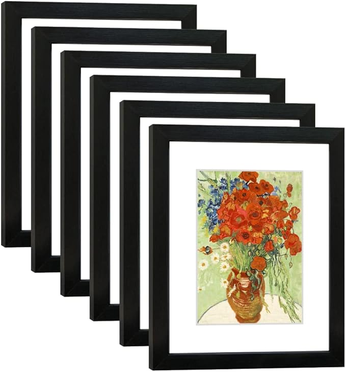 8x10 Picture Frame Set of 6 with Real Glass for Pictures 5x7 with Mat or 8x10 Without Mat, Wall Gallery or Tabletop display Photo Frames in Black