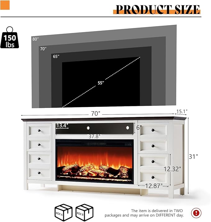 AMERLIFE 70" Farmhouse TV Stand with 37" Fireplace for 80" TVs - Dresser TV Stand w/Heater, 4 Storage Drawers, Rustic Media Entertainment Center for Living Room, Bedroom, White