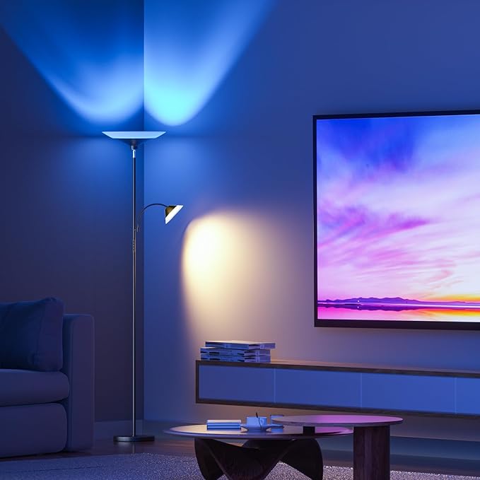 RGB Torchiere Floor Lamp - 2 Way Dimmable LED Standing Lamp with Remote&Button Control, 34W Rotatable Floor Reading Light, 72'' Tall Modern Corner Lamp for Living Room Bedroom Office, Black