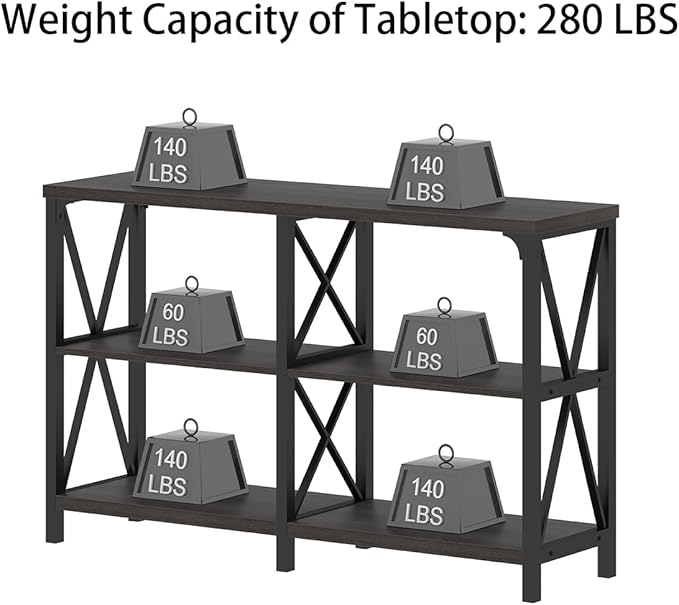 IBF Modern Entryway Table, Rustic Sofa Table Behind Couch, Industrial Metal Wood Console Table with Storage Shelves, 3 Tier Foyer Hallway Table for Entry Living Room Bedroom, Dark Gray Oak, 47 Inch