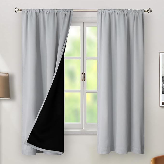 BGment Light Grey 100% Blackout Curtains 63 Inches Long with Thermal Insulated Liner, Rod Pocket and Back Tab Double Layer Full Room Darkening Window Curtain for Bedroom, 2 Panels,Each 38 x 63 Inch