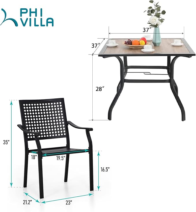 PHI VILLA Outdoor Conversation Set of 5 Piece Patio Furniture Dining Set for 4 Metal Chair Dining Table Set Modern Patio Wood-Like Table with Umbrella Hole for Outdoor Garden,Patio,Yard,Bistro