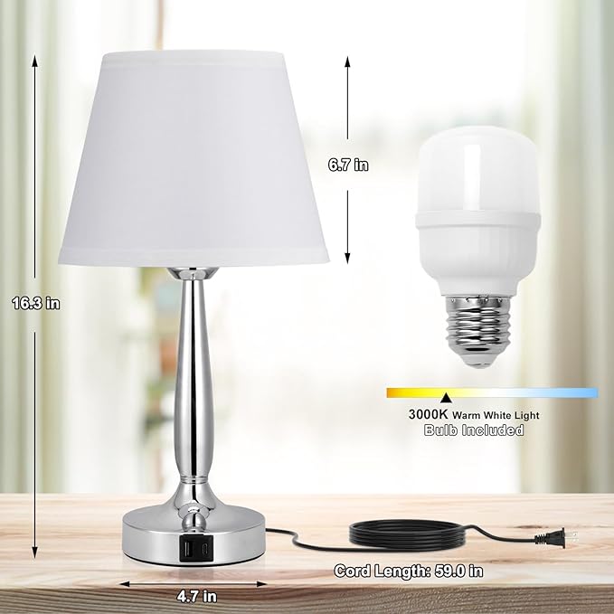 Kakanuo Touch Table Lamp for Bedroom, Small Bedside Lamp with USB C Charging Port, 3 Way Dimmable Touch Control Nightstand Lamp for Living Room and Office, White Shade and Silver Base