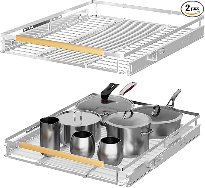 Expandable Pull Out Cabinet Organizers,Adjustable Width W:17”-28” x D:22.5”,Slide Out Cabinet Storage Drawers,Stainless Steel Gliding Cupboard Wire Shelves for Kitchen Pantry Pots and Pans,2 Packs