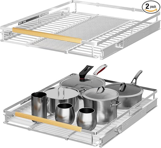 Expandable Pull Out Cabinet Organizers,Adjustable Width W:17”-28” x D:22.5”,Slide Out Cabinet Storage Drawers,Stainless Steel Gliding Cupboard Wire Shelves for Kitchen Pantry Pots and Pans,2 Packs