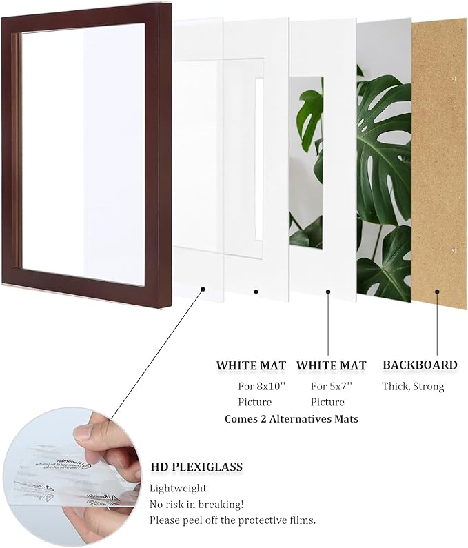 Egofine 11x14 Picture Frame Made of Solid Wood with Plexiglass, Display Pictures 5x7/8x10 with Mat or 11x14 Without Mat for Tabletop and Wall Mounting, Walnut Color