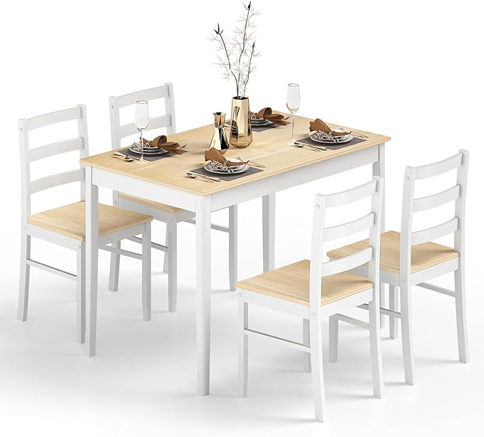 POWERSTONE Dining Table Set for 4, Kitchen Table Chairs Set of 4 with Rubber Wood Legs, Farmhouse 5 Piece Dining Table Set Solid Wood for Kitchen Dining Room Dinner (Natural)