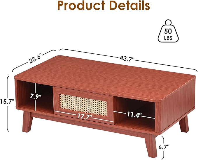 Soohow Coffee Table, Mid Century Living Room Tables with Storage, Modern Square with Rattan Drawer, Wooden Living Room Table with Solid Wood Leg