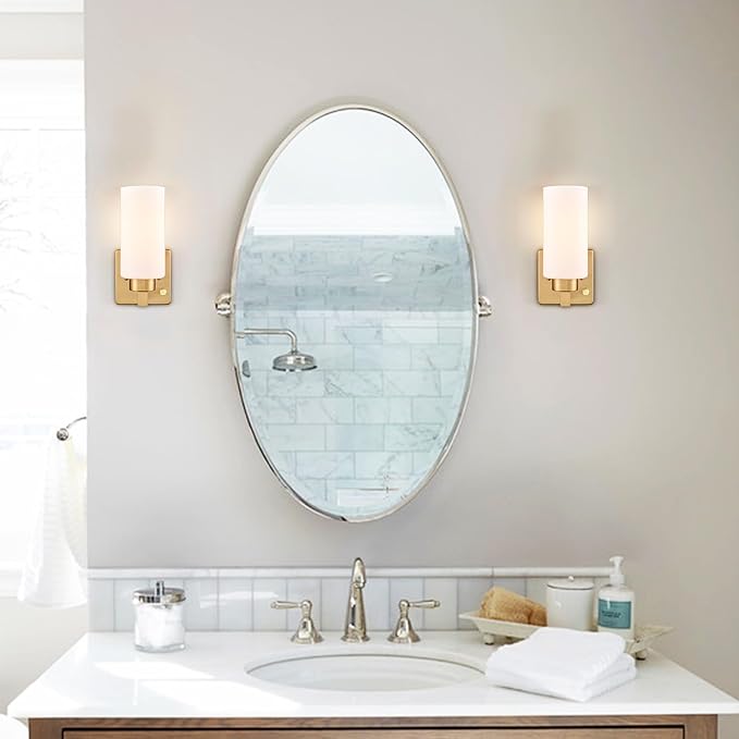 Modern Plug in Wall Sconce with Cord Brass Bathroom Vanity Light with Milky White Cylinder Glass Shade Set of 2