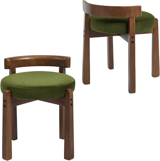 DUOMAY Modern Velvet Vanity Stools Set of 2, Upholstered Low Back Ottomans with Solid Wood Legs Cute Round Footrest Makeup Stools Dressing Seat for Living Room Bedroom, Green