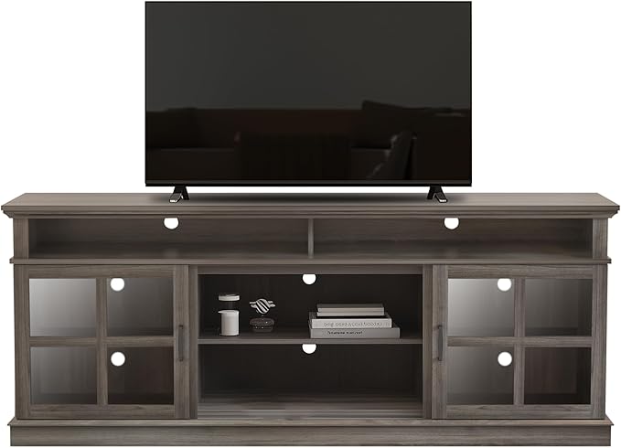 Fireplace TV Stand with Wood Glass Storage Cabinets, Farmhouse Entertainment Center for TVs up to 80", Mid Century Modern Media TV Console Table for Living Room Bedroom(Gray)