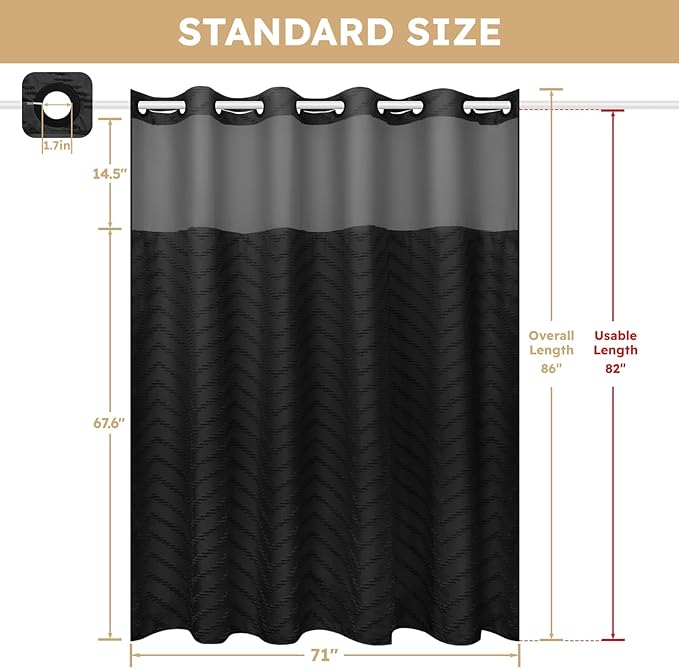 No Hook Shower Curtain and Snap in Liner Set Black Tufted Chevron Striped Cloth Waterproof Washable Fabric Boho Farmhouse Bath Curtain See Through Mesh Top Window for Bathroom Hotel 71" x 86"