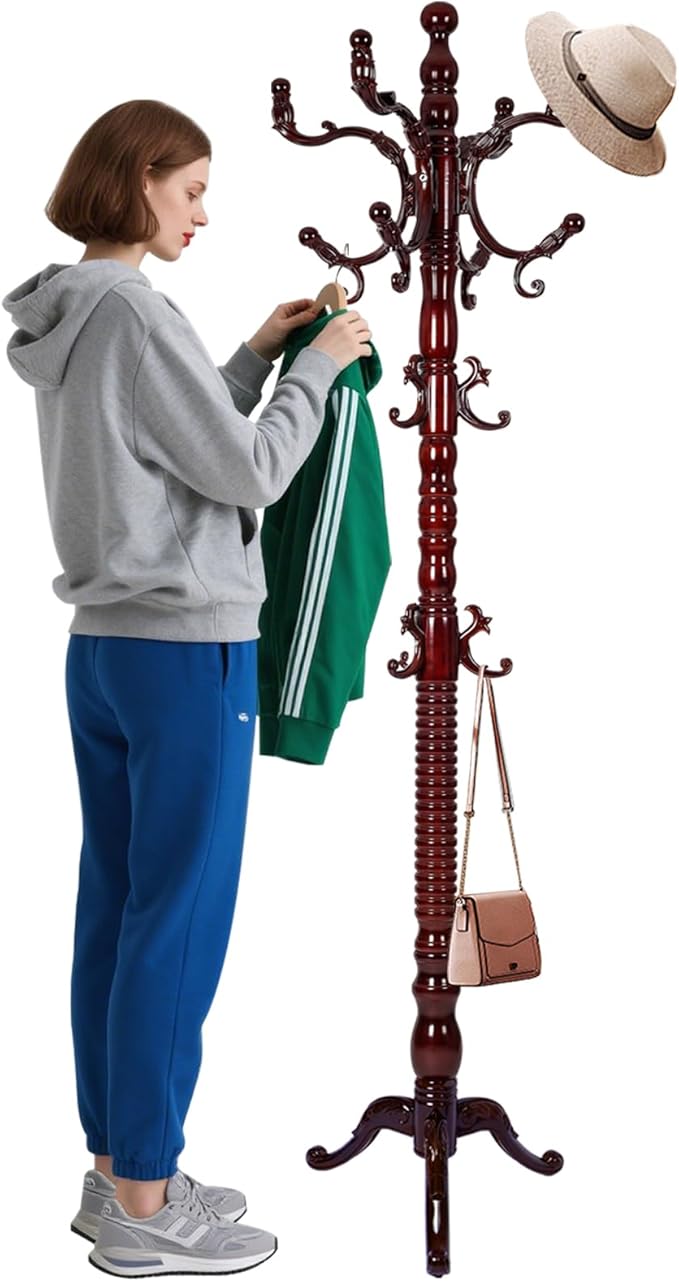 Coat Racks Freestanding, Natural Wood Coat Stands with 14 Hooks, 73" Heavy Duty Adjustable Height Vintage Hall Tree for Entryway, Bedroom, Office, Easy Assembly (Triangular Rosewood)