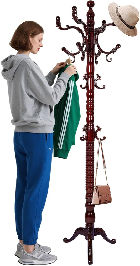 Coat Racks Freestanding, Natural Wood Coat Stands with 14 Hooks, 73" Heavy Duty Adjustable Height Vintage Hall Tree for Entryway, Bedroom, Office, Easy Assembly (Triangular Rosewood)