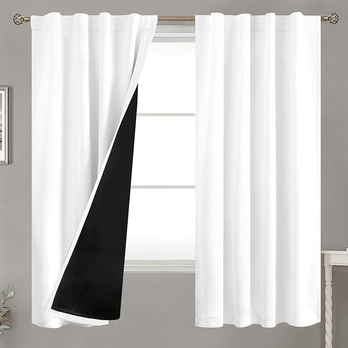 BGment Pure White 100% Blackout Curtains 63 Inches Long with Thermal Insulated Liner, Rod Pocket and Back Tab Double Layer Full Room Darkening Window Curtain for Bedroom, 2 Panels, Each 38 x 63 Inch