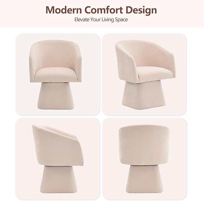 Swivel Modern Accent Chair,Luxury Fabric Upholstered Makeup Chair Comfy Barrel Chair with No Wheels,360°Rotating Vanity Armchair for Living Room Bedroom Office (White)