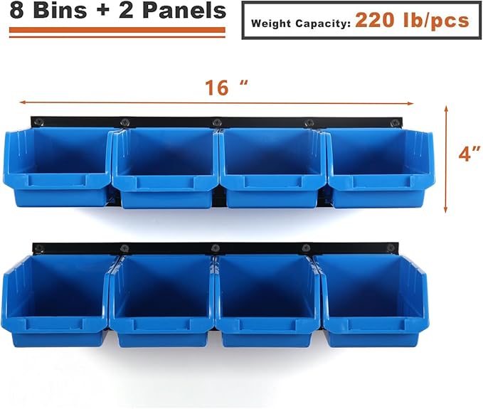 Wallmaster 8-Bin Storage Bins Garage Rack System 2-Tier Orange Tool Organizers Cube Baskets Wall Mount Organizations (Blue)