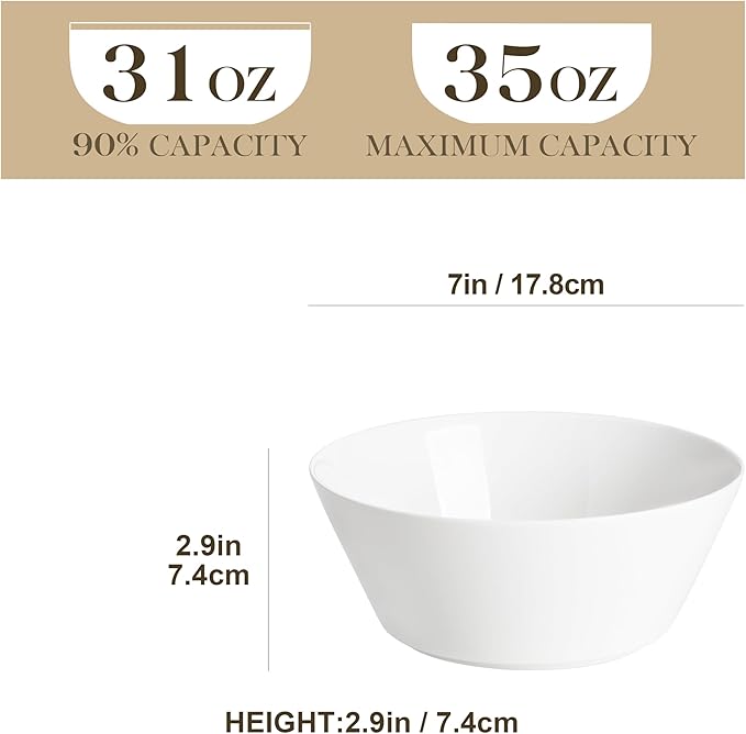 MALACASA 35 OZ Soup Bowls, White Porcelain Bowls Set of 4, Deep Bowl for Kitchen, Large Ceramic Bowls for Soup, Cereal, Salad, Ramen and Fruit, Dishwasher & Microwave Safe, Series Regular