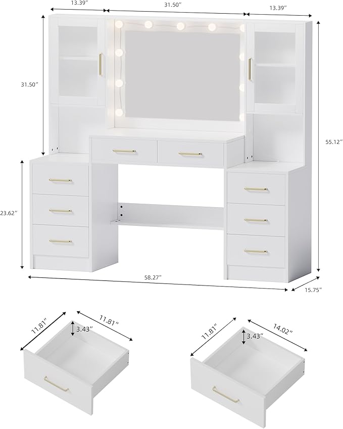 58.3”Vanity Desk with Mirror and Lights & Charging Station, Bedroom Dressing Table, Large Vanity Set, 8 Drawers and 2 Cabinets, Makeup Vanity Table with Charging Station, Without Stool