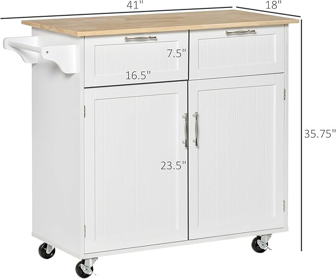 HOMCOM 41" Modern Rolling Kitchen Island on Wheels, Utility Cart Storage Trolley with Rubberwood Top & Drawers, White