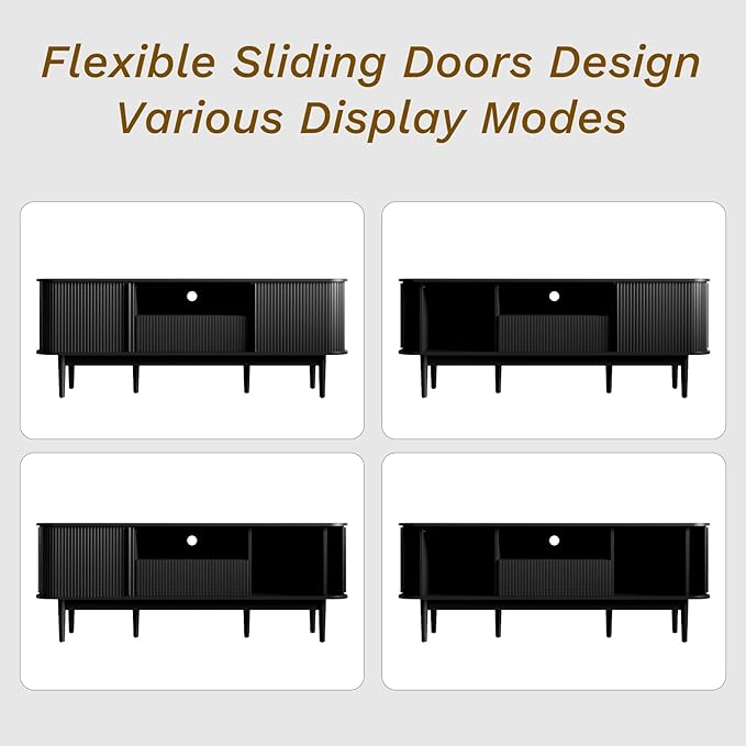 63" Black TV Stand, Fluted Entertainment Center for TVs up to 70'', Modern TV Stand with Storage, Entertainment Center with Sliding Doors, Wood Media Console for Bedroom, Living Room