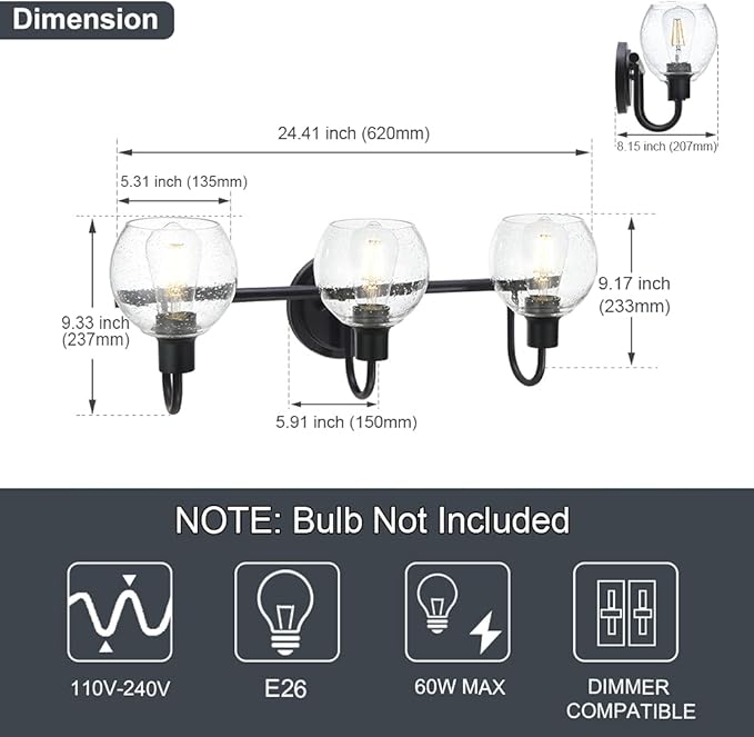 Modern 3-Lights Black Vanity Light Fixtures Farmhouse Metal Bathroom Lighting with Seeded Globe Glass for Hallway Kitchen Over Mirror Bedroom