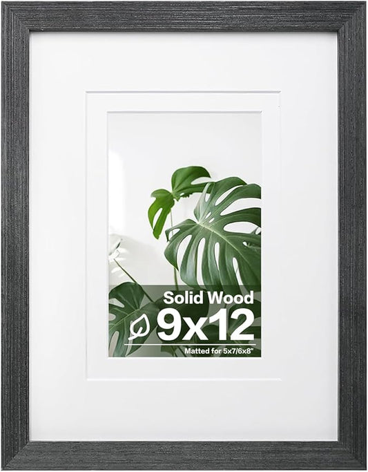 Egofine 9x12 Picture Frame Made of Solid Wood with Plexiglass, Display Pictures 5x7/6x8 with Mat or 9x12 Without Mat for Tabletop and Wall Mounting, Rustic Black
