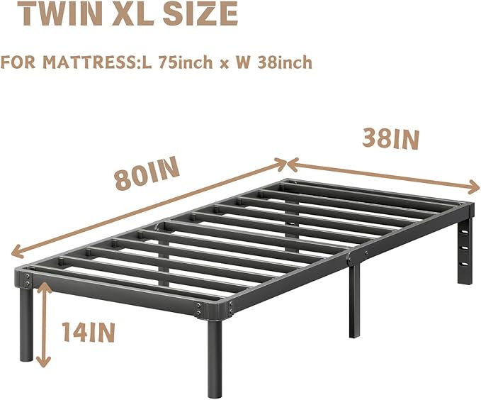 ZIYOO 14 Inch Twin XL Size Metal Platform Bed Frame with Heavy-Duty Steel Slat Support, No Box Spring Needed, Under Bed Storage Space, Easy Assembly, Noise-Free, Sturdy & Durable, Black